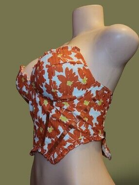 Well Made floral Bustier Top Zip Closure Ruffle Demi Cup S/M CHECK MEASUREMENTS
